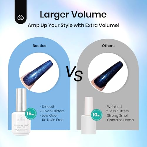 Image of Beetles 15ml Hema Free Glitter Top Coat Gel Polish, Shimmer-Like Gel Nail Polish No Wipe Top Coat Sparkly Long Lasting, Soak Off U V LED Pearl Finish Nail Art Manicure Gifts for Women