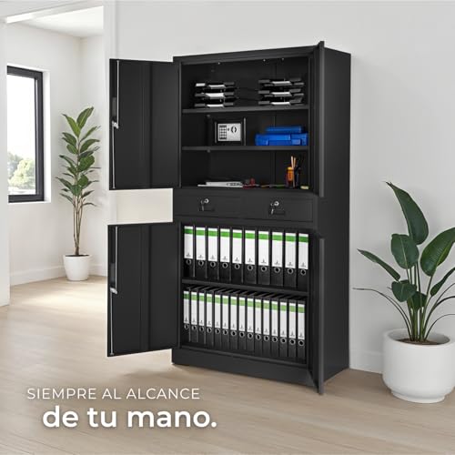 tectake® Armario Archivador Oficina en Acero, Armario Exterior e Interior con Candado Seguridad, Armario Multiusos con 5 Alturas, 4 Puertas, 2 Cajones, 3 Estantes Ajustables, 180x80x40 cm - Negro - imagen 9