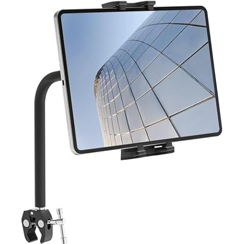 BAISHUN Exercise Bike Tablet Holder, Treadmill Spin Bike Gooseneck Adjustable Arm Mount, Indoor Stationary Handlebar Peloton Microphone Tablet Stand Compatible with 4.7-12.9" Tablets Smartphones Cover