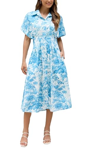 Ladyful Womens Button Down Shirt Dress Flowy Floral Printed Midi