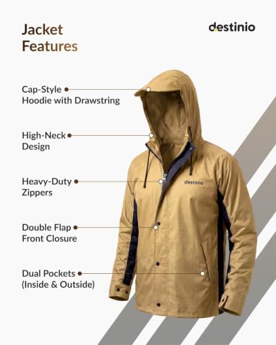 Image of Destinio Rain Coat for Men Waterproof with Hood, Thick Polyester, Leak Proof, Premium Zipper, Raincoat for Bike Riding, Double Layer Rain Suit for Riders, Rainwear Set