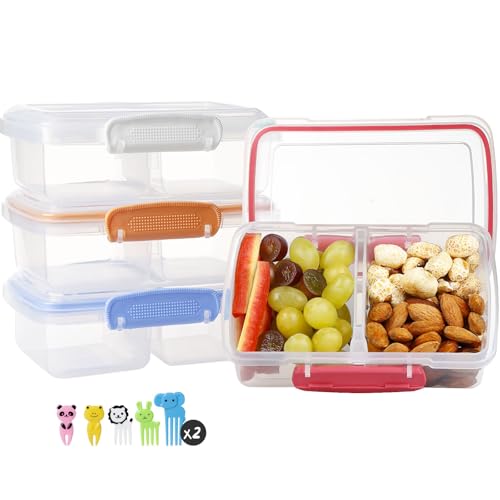 Greentainer Contenitori per snack in plastica per bambini, confezione da 4 scatole Bento con 2 scomparti, contenitori da viaggio per snack, panini, frutta, caramelle, alimenti, senza BPA, lavabili in
