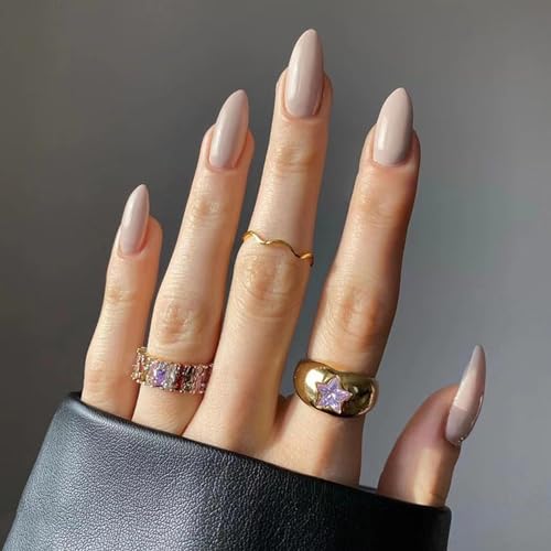 24Pcs Uñas Postizas Cortas Francesas, Almendra Uñas Autoadhesivas Press On Nails de Cobertura Completa, Acrílico Natural Uñas Falsas Color Puro 12 Tamaños para Mujeres y Niñas(Otoño Gris)