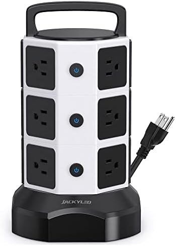 Power Strip Tower Surge Protector, JACKYLED 1625W 13A Outlet Surge Electric Tower, 12 Outlets 6 USB Ports Retractable Cord Charging Station with 16AWG 6.5ft Heavy Duty Extension Cord for Home Office