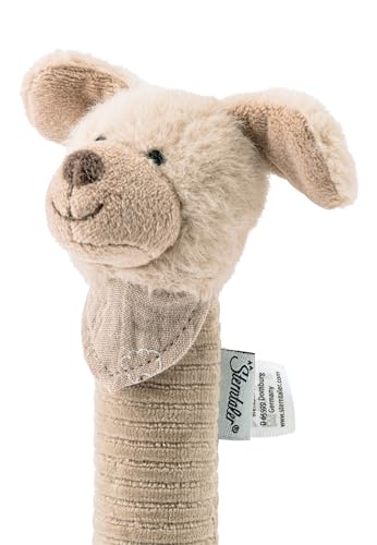 Sterntaler Baby Quietsche Hund Lucky - Baby Spielzeug aus weichem Flauschmaterial mit Cord - Greifspielzeug für Babys - Erste Versuche im Greifen und Spielen, graubeige