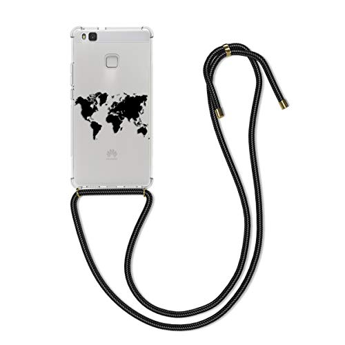 kwmobile Funda con Cuerda Compatible con Huawei P9 Lite - Carcasa de TPU con Colgante Mapa del Mundo Negro/Transparente