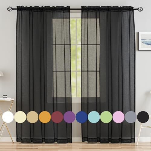 Image of MYSTIC-HOME Window Curtains Black Sheer 72 Inches Long 2 Panels Tulle for Bedroom Panel Sets Rod Pocket Living Room Kitchen Yard 52 W x L