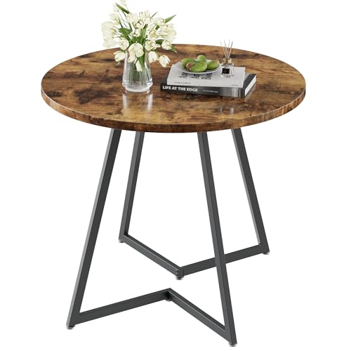 VECELO Round Dining Room Table with Wood Grain Tabletop and Steel Frame, for Kitchen, Living Room, Office, Conference, 2 to 4 Person, Antique Brown