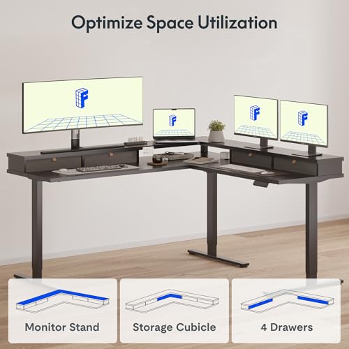 Image of FLEXISPOT 63 inch L Shaped Standing Desk Electric Corner Table with Monitor Shelf, 4 Storage Drawers, Adjustable Computer Workstation for Home, Office, Game, Studio, Black Top + Black Frame