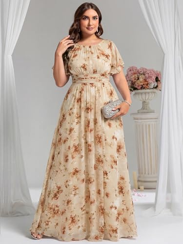 Image of Ever-Pretty Plus Elegant Formal Dresses for Curvy Women Round Neck Short Sleeves Chiffon Bridesmaid Mother of The Bride Dress