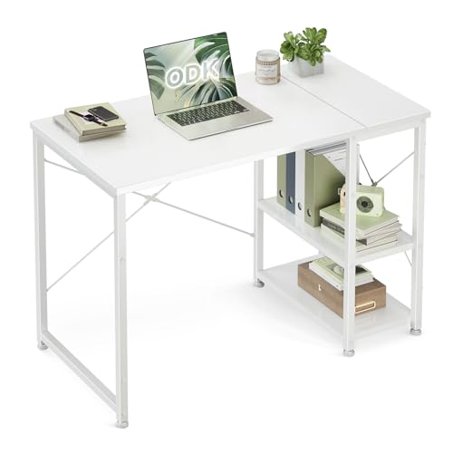 ODK Office Desk with Reversible Storage Shelves, 100 x 48 cm Small Computer Desk, Home Office Table, Study Table for PC, Writing and Work, White