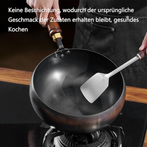 HItianya Japanische Eisenpfanne, Schwere Gusseisen-Bräter Unbeschichtet, Handgeschmiedete Antihaftbeschichtete Eisenpfanne, Eisenpfanne Ohne Beschichtung Mit Holzdeckel (Kein Deckel, 28cm)