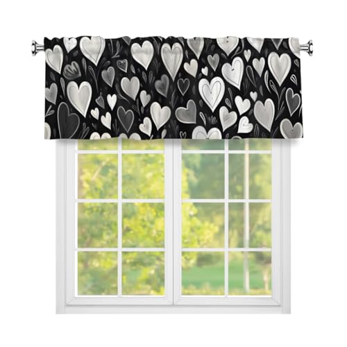 Helhappy Rod Pocket Valance Curtains, Black and White Hearts Short Window Treatment for Kitchen/Bathroom/Living Room Home Decorations,54 x 18 Inch, 1 Panel