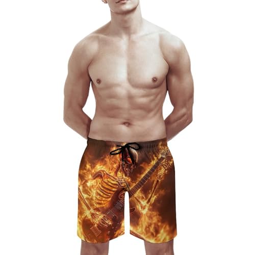 Human Skeleton Playing Guitar in Fire Men's Swim Trunks Quick Dry Board Shorts Hawaiian Beach Shorts With Pocket3