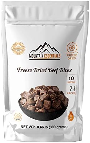Mountain Essentials Freeze Dried Beef Dices | 240 Grams (24 gram per servings) High Protein Intake Packed Meal | Emergency Long Term Supply | Hunting, Survival, Camping, Backpacking Food, 10.56 Oz Pouch | 10 serving per Pouch