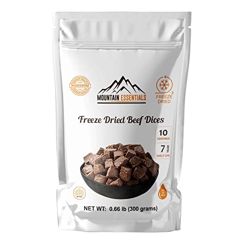 Mountain Essentials Freeze Dried Beef Dices | 240 Grams (24 Gram Per Servings) High Protein Intake Packed Meal | Emergency Long Term Supply | Hunting, Survival, Camping, Backpacking Food, 10.56 Oz Pouch | 10 Serving Per Pouch #TOP2