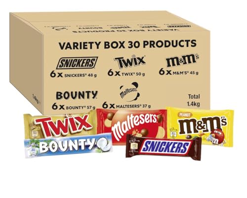 Mixed Bulk Chocolate Box, M&M's Peanuts, Snickers, Twix, Maltesers, Bounty, 1.4kg - 30 Full-Size- Milk Chocolate Bars & Bags, Ideal for Gift, Snacks, Hampers or Party Bags