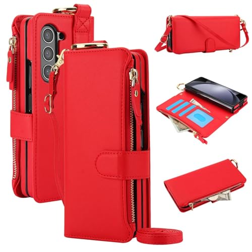 Coque Galaxy Z Fold 6 en cuir PU rouge anti-chute avec sangle et anneau