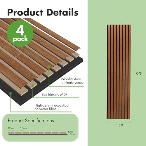 Image of Art3d 12 inch x 93 inch Acoustic Wood Slat Wall Panel, 4pcs, 31 sq.ft, Walnut