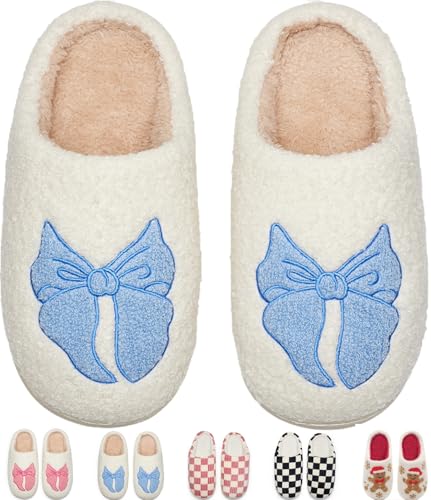 Cxiboh Cute House Slippers for Women Cozy Bedroom Shoes with Memory Foam Trendy Gift for ladies teen girls Blue Preppy StuffBlue Bow36/37
