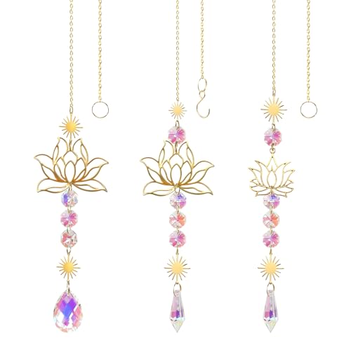 Kristall Sonnenfänger Windspiel, 3 Stück Lotusblüten Dekorativer Kristall Windspiel, Lotus...