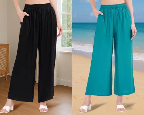 Image of Buy That Trendz Palazzo Pants for Women Rayon Elasticated Regular Fit Flared Wide Leg M to 6XL Pack of 2