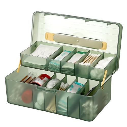 JUXYES 2-Tiers Bandages Carry Storage Box With Handle Lid - Transparent Green Portable Bandages Storage Bin With Lifting Divided Tray - Plastic Storage Container for School Office Travel Use Supplies
