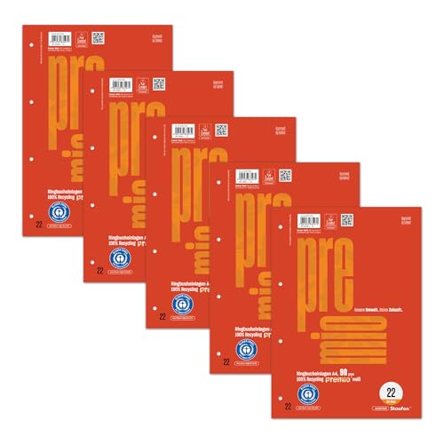 Staufen premio Ringbucheinlagen - 5 Blöcke je 50 Blatt, DIN A4, Lineatur 22 (5 mm kariert), 4-fach Lochung, 90 g/m² Recyclingpapier