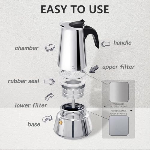 Image of Stovetop Espresso Maker Stainless Steel Moka Pot Espresso Maker Percolator Italian Coffee Maker Capable Mocha Coffee Machine Cafe Classic Maker for Home & Camping 250 ml (4 Cups)