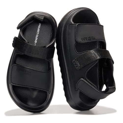 Project Cloud Sandals for Girls - Lightweight Adjustable Straps Kids Sandals - Water-Resistant Girls Slides and Non-Slip Slides for Kids (Little Goldie BLACK 13K)