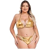 Jelory Plus Size Shiny Metallic Bikini Set Adjustable Tie-Up Triangle Bra Wire-Free Swimwear Gold 3X-Large