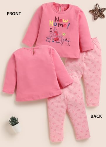 Image of LuvLap Baby Girls 100% Cotton Full Sleeve Girls Top & Pyjama CoSets Pack Of 2, Salmon Rose & Light Pastel Green, XXL (18 to 24 Months)