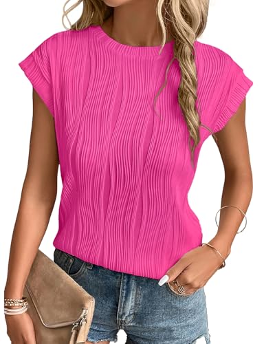 Gemulate Womens Short Sleeve Textured Tops Crewneck Knit Solid Loose Casual T Shirts Tee Blouses Hot Pink S