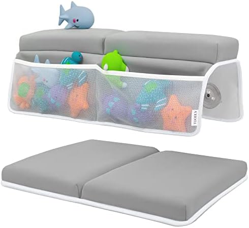 Comfortable Baby Bath Kneeler and Elbow Rest Pad Set - Thickest Bathtub Kneeler Pad with Memory Foam and Bath Toys Organizer - Bath Kneeling Pad for Bathing Baby - Relieve your Knees and Elbows (Grey)