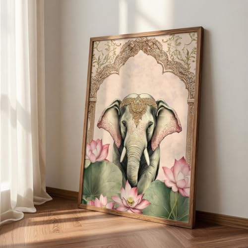 Image of SAF Royal Elephant Lotus Wall Art with Wooden Frame | Vintage Palace Arch HD UV Laminated Print on MDF | Elegant Vastu Animal Painting for Living Room Bedroom Decor 13.5 x 19.5 Inch