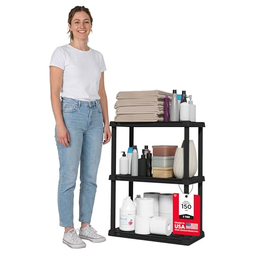 IRIS USA 3-Shelf Light Duty Plastic Storage Shelves, 150lb Capacity, 33" H x 24" W x 12" D, Medium Modular Shelving Unit Storage Organizer for Bathroom, Laundry, Garage & Home, Storage Rack - Black