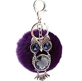 Wunhope Bequem Plüsch Ball Schlüsselanhänger Süß Strass Glitzer Metall Eule Weich Bommel Taschenanhänger Keychain Elegant Auto-Bequem Pompom für Handtasche Schlüssel Auto (Lila)