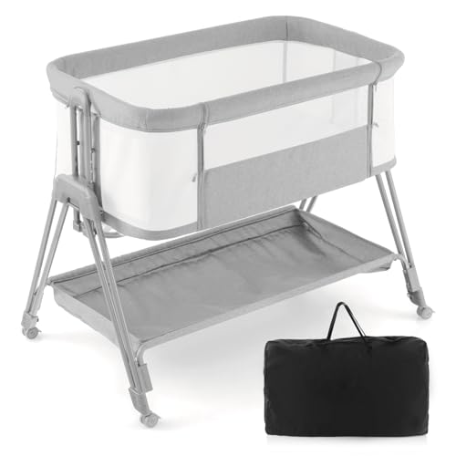 RELAX4LIFE Cuna de camping con colchón y correa de fijación, ajustable en altura 7 posiciones, bolsa de transporte, para niños de 0 a 6 meses (1, gris)