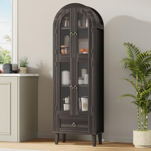 iabifo 71 Tall Arched Cabinet with Acrylic Door Modern Curio Arched Bookcase W/Drawer Display Cabinet Organizer Kitchen Pantry with Top-Opening Storage Container (Black-Drawer 71x23.6x11.8)