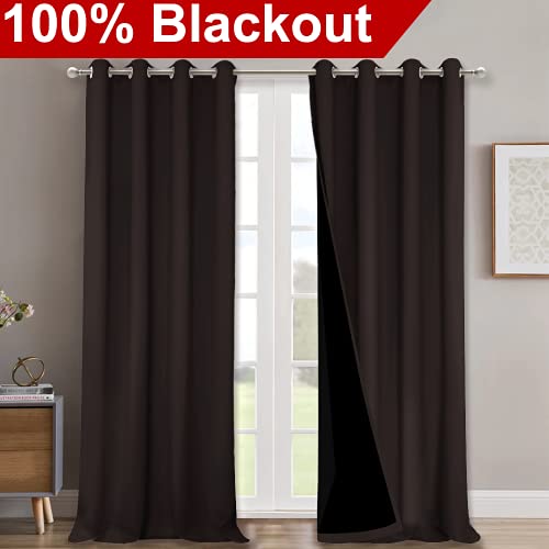 Image of NICETOWN Cold Blocking 100% Blackout Curtains, Durable Black Lined Blackout Curtains for Bedroom, Energy Saving Long Curtains for Patio Sliding Glass Door, Brown, 52 inches x 95 inches, 2 Panels