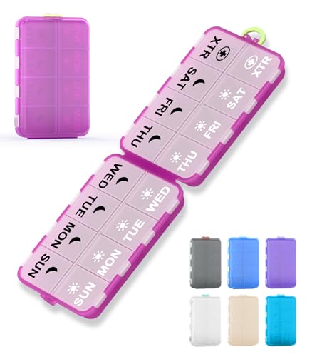 Image of Pill Organizer Travel Medicine Organizer - Weekly Pill Organizer with 2 Extra Compartments, Clear Printed Labels, AM PM Pill Dispenser