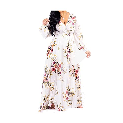 lvenzse Vestido largo bohemio de gasa con estampado floral y cuello en V para mujer, A-manga larga-beige, XXXL
