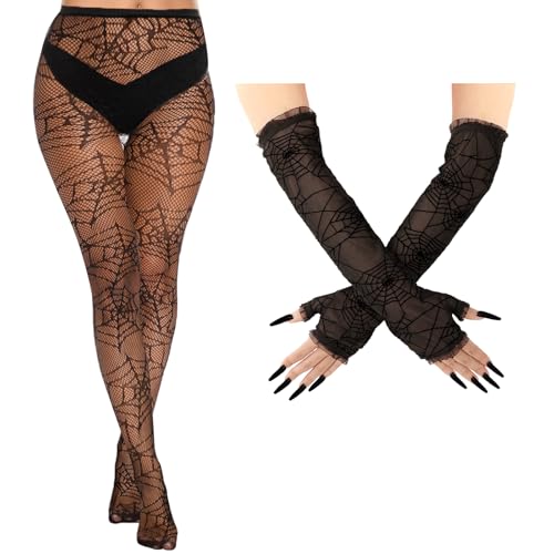 Lusofie Spinnennetz Handschuhe Tights Strümpfe Armstulpen Gothic Halloween Snake Tights Strumpfhosen für Damen Spinnennetz Armschützer Halloween Hexenkostüm Zubehör