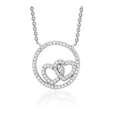 Sterling Silver Necklace Pendant for Girls Circle and Double Heart with Simulated Diamonds 17.5" Cover