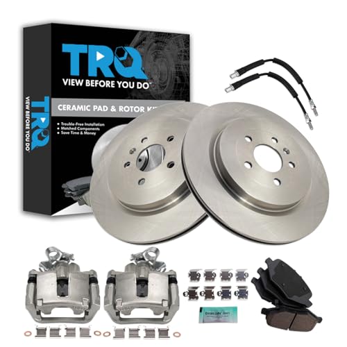 Image of TRQ Rear Brake Pad and Rotor Set Ceramic Rotors Calipers Compatible with 2013-2014 Ford Flex 2013-2018 Police Interceptor Sedan 2014-2018 Special Service Police Sedan Taurus