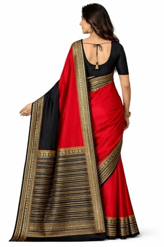 Image of JAYESKAY Semi Mysore Crepe Silk Blend Saree for Women | Red Black Contrast | Lightweight Soft Saree | Zari Border | Daily, Office Wear | Blouse Piece Included