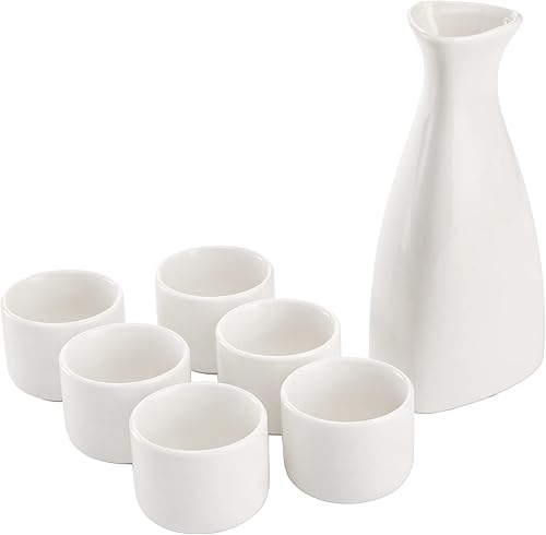 Tosnail Juego de 7 piezas de sake japonés de cerámica, 1 jarra de porción y 6 tazas, color blanco