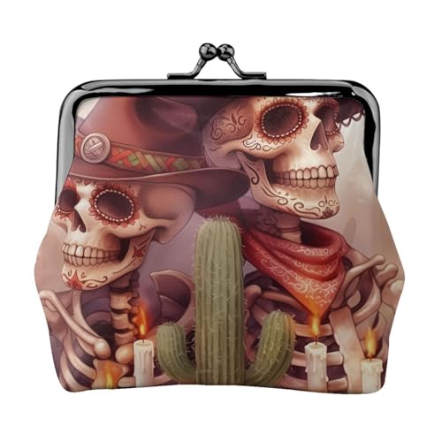 Pu Leather Buckle Coin Purse Mexico-Skeletons-Cactus-Candles Girls Kiss-Lock Change Purse Wallets