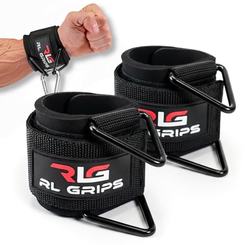 RL Grips - Muñequeras Gym para Poleas de Gimnasio con Ajuste de Muñeca - Muñequeras par Entrenamiento de Espalda Hombro Pecho Tríceps - Tobilleras para Entrenamiento en Cable