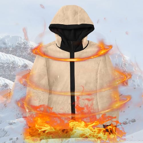 Mrat Mens Fleece Jackets Teddy Fleece Lined Hoodies Drawstring Long Sleeve Zip Up Windproof Coats with Pockets Winter Warm Fuzzy Sweater Comfy Fluffy Cardigan Sherpa Thickened Tops Uk Trendy Outerwear